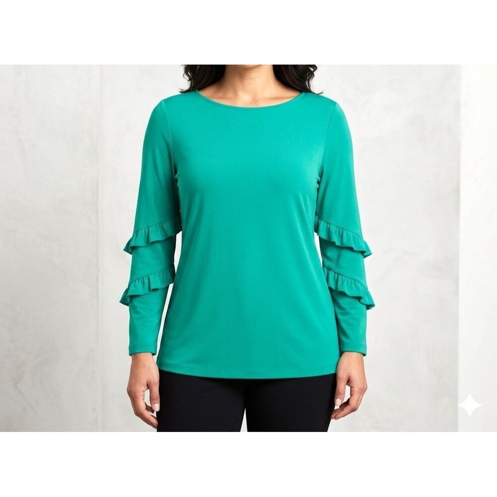 Susan Graver Liquid Knit Top L Tiered Ruffle Long Sleeve Green Stretch A347402
